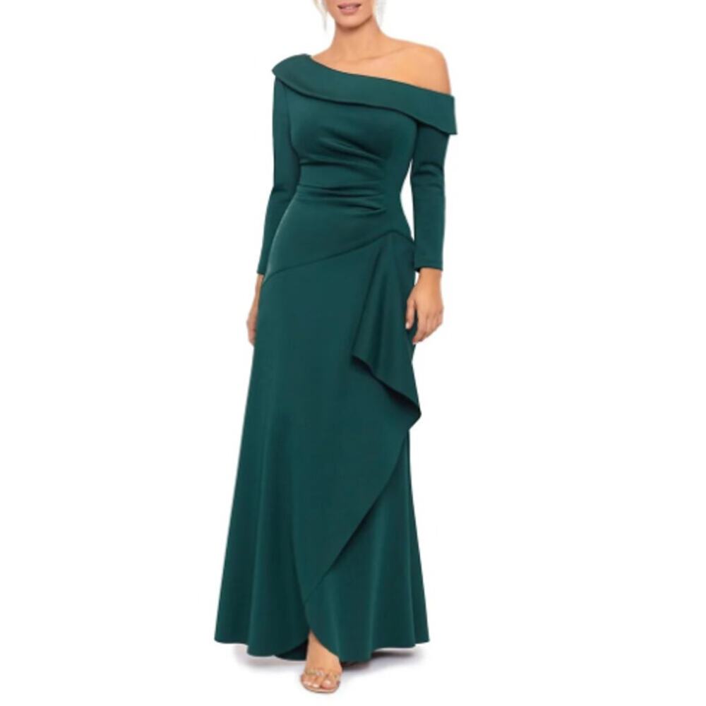 XSCAPE Women's Darla One Shoulder Scuba Crepe Dress 4 Green Long Sleeve NWOT